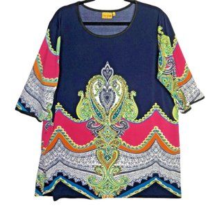 Priya Bling Colorful Tunic Size 2XL Stretchy Multi Color Lightweight 3/4 Sleeves